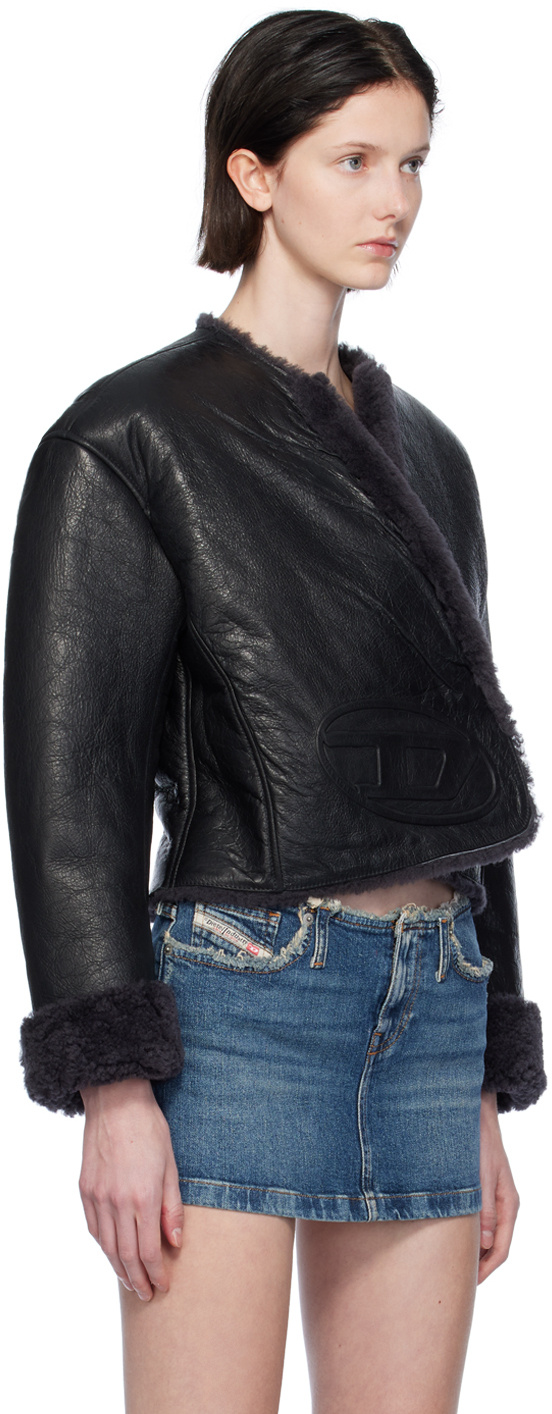 Diesel Long-sleeved Logo Leather Jacket In Black