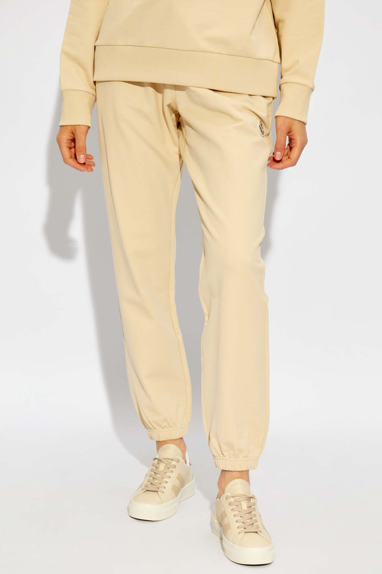 Shop Moncler Logo-patch Cotton Track Pants In Nude