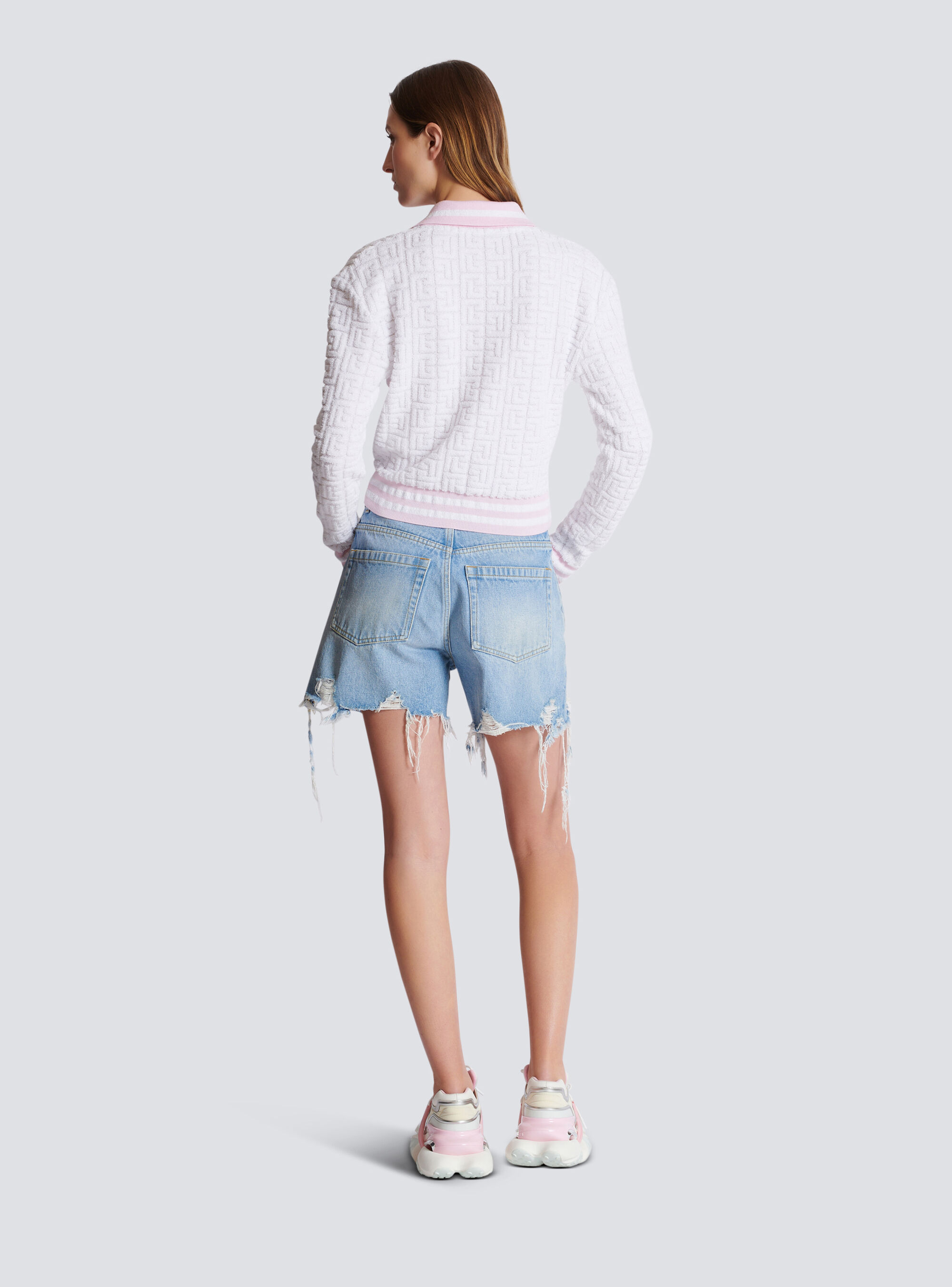 Balmain Pb Monogram-jacquard Polo Shirt In White