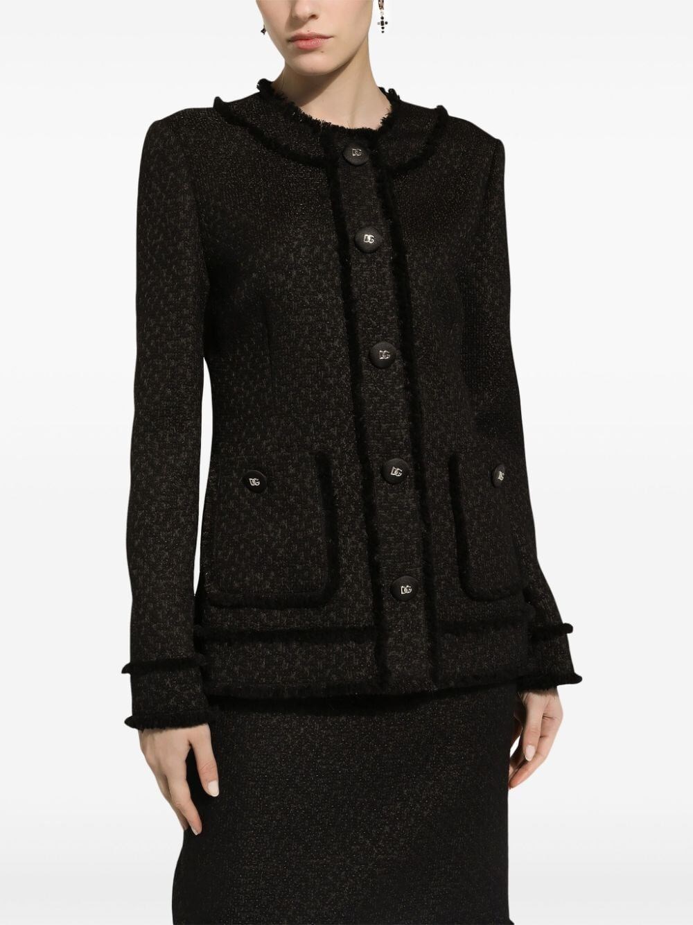 Dolce & Gabbana Black Single-breasted Jacket With Branded Button In Tweed Woman In Black