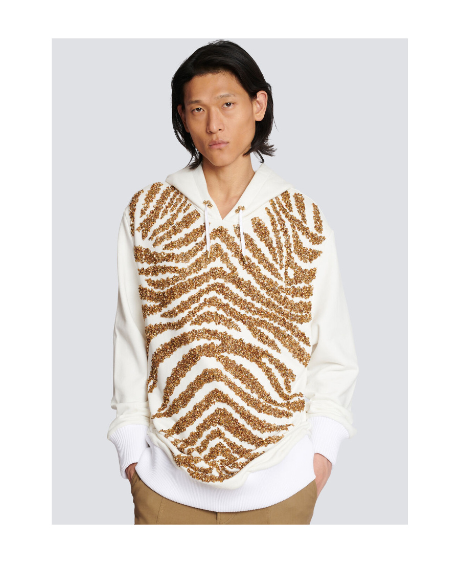 Shop Balmain Hoodie With Embroidered Zebra Stripes In White