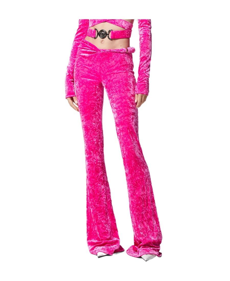 Versace Fuchsia Flared Velvet Pants Rolled Up In Pink