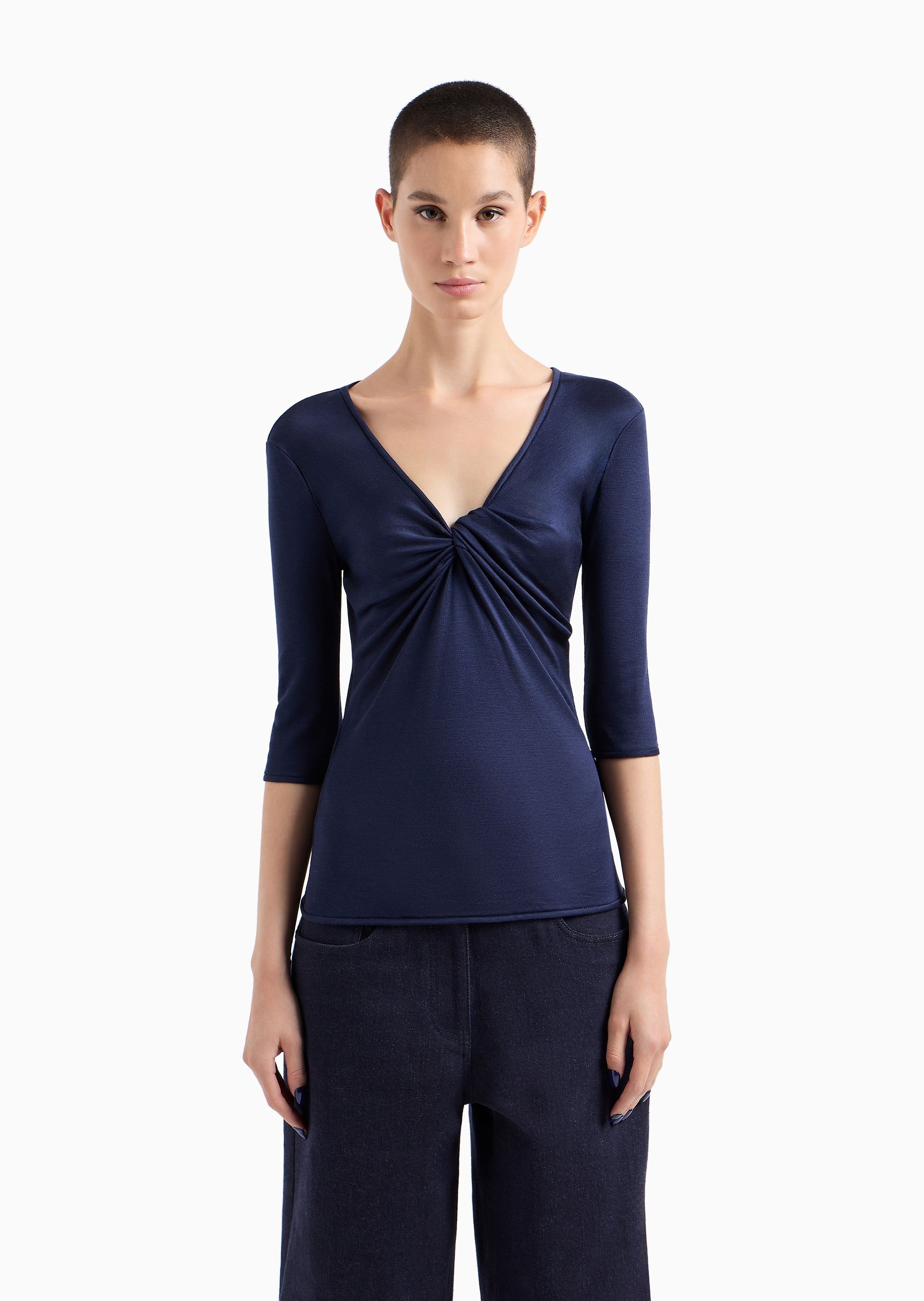 Giorgio Armani Official Store Silk-viscose Jersey V-neck Jumper In Blue