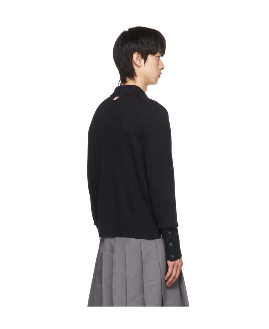 Thom Browne Long Sleeve Polo W/ 4bar Cuff In Fine Merino Wool In Black