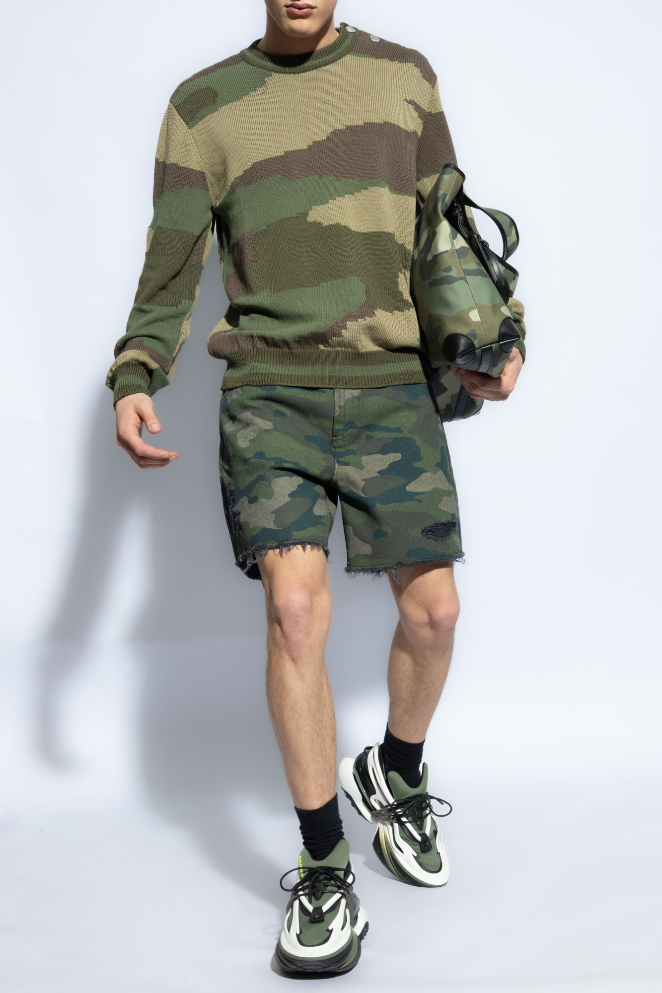 Balmain Camouflage-pattern Cotton Jumper In Green