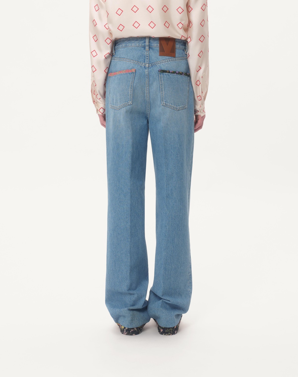 Valentino Denim Trousers With Floral Print Hem In Blue