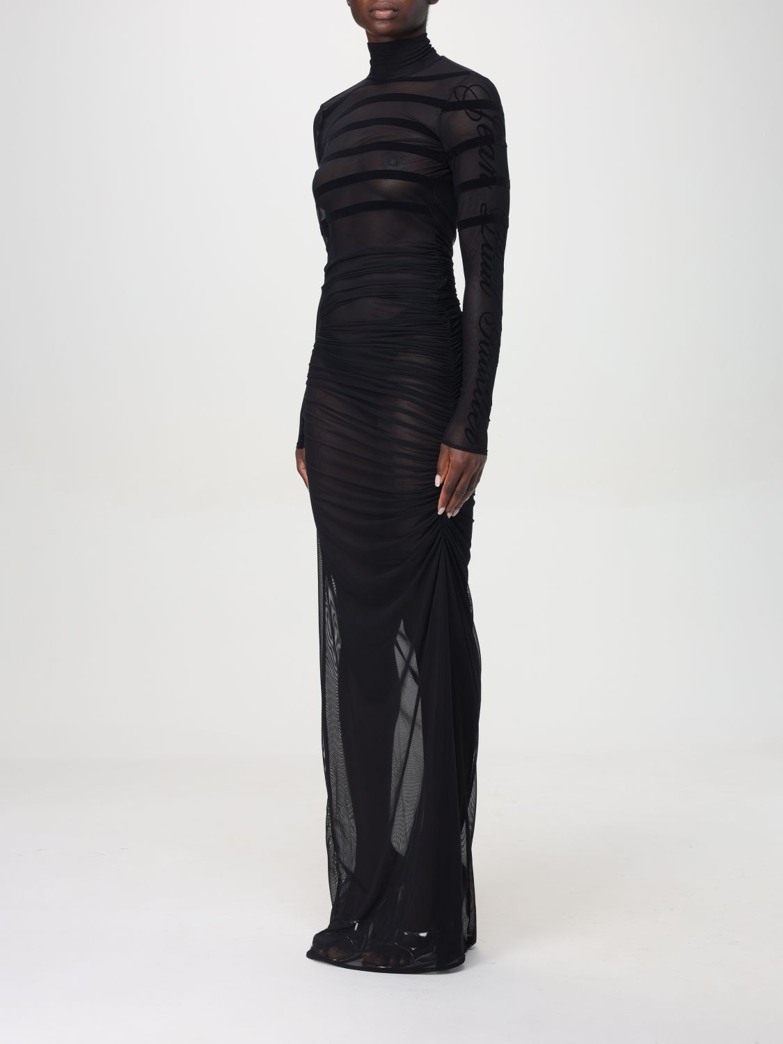 JEAN PAUL GAULTIER FLOCKED-STRIPE MESH MAXI DRESS