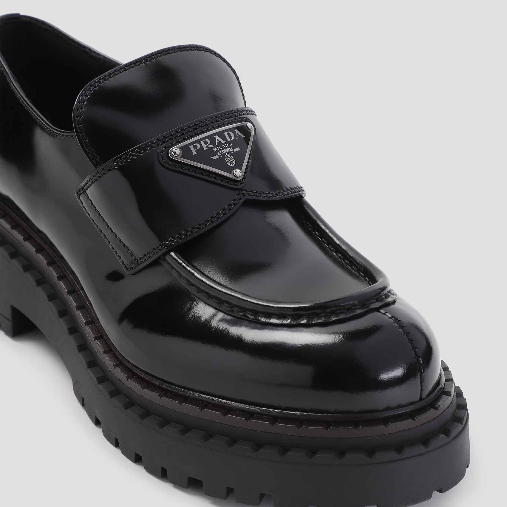 Prada Chocolate Calfskin Platform Loafers In Black