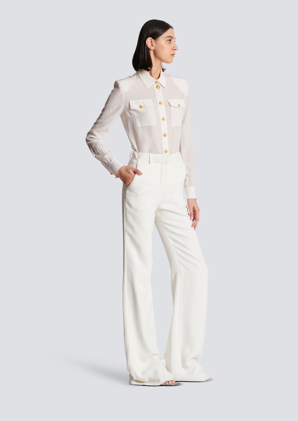 Balmain High-waisted Crepe Flare Pants In White