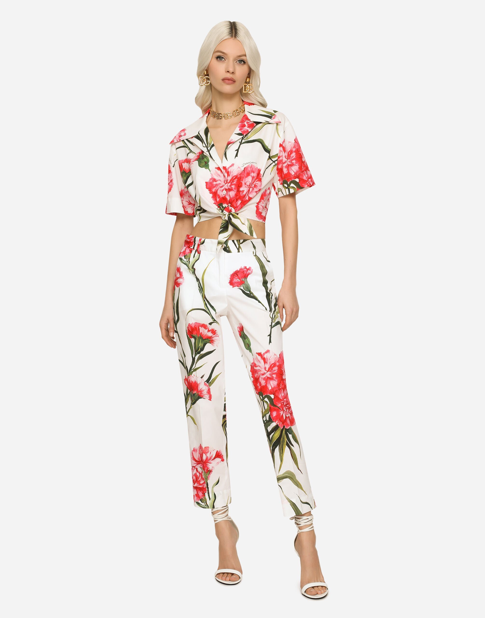 Dolce & Gabbana Carnation Print Stretch Cotton Crop Pants In White