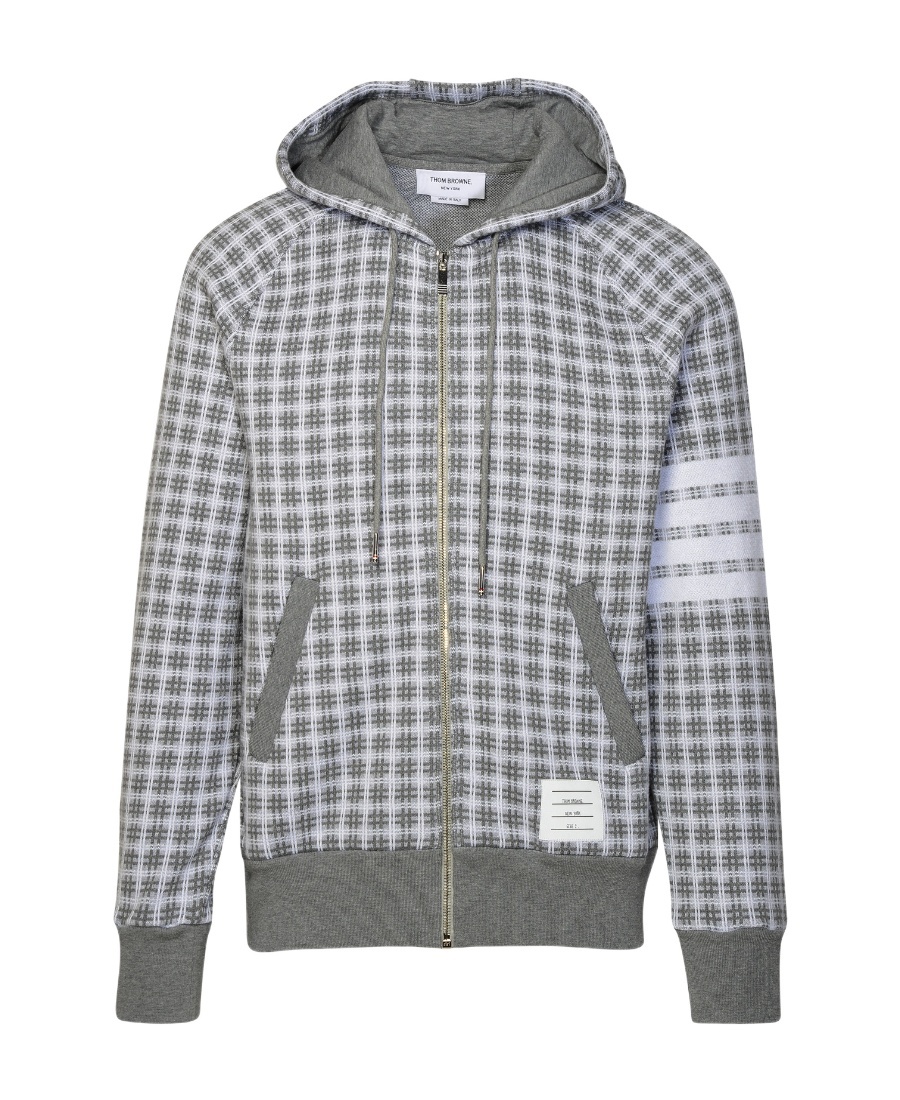 Thom Browne Checked Jacquard-knit Cotton Zip-up Hoodie In Gray