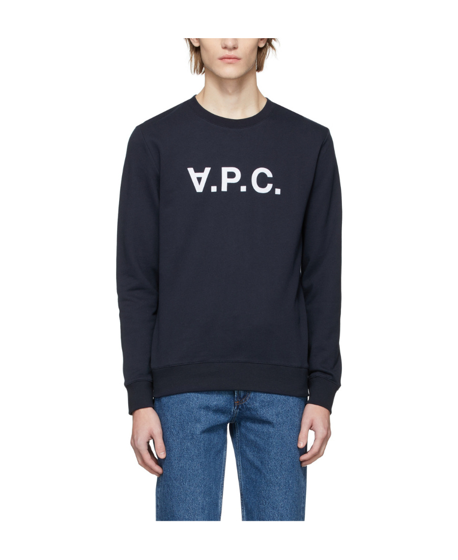 Apc Navy Blue Logo Round-neck Pullover Hoodie In Black