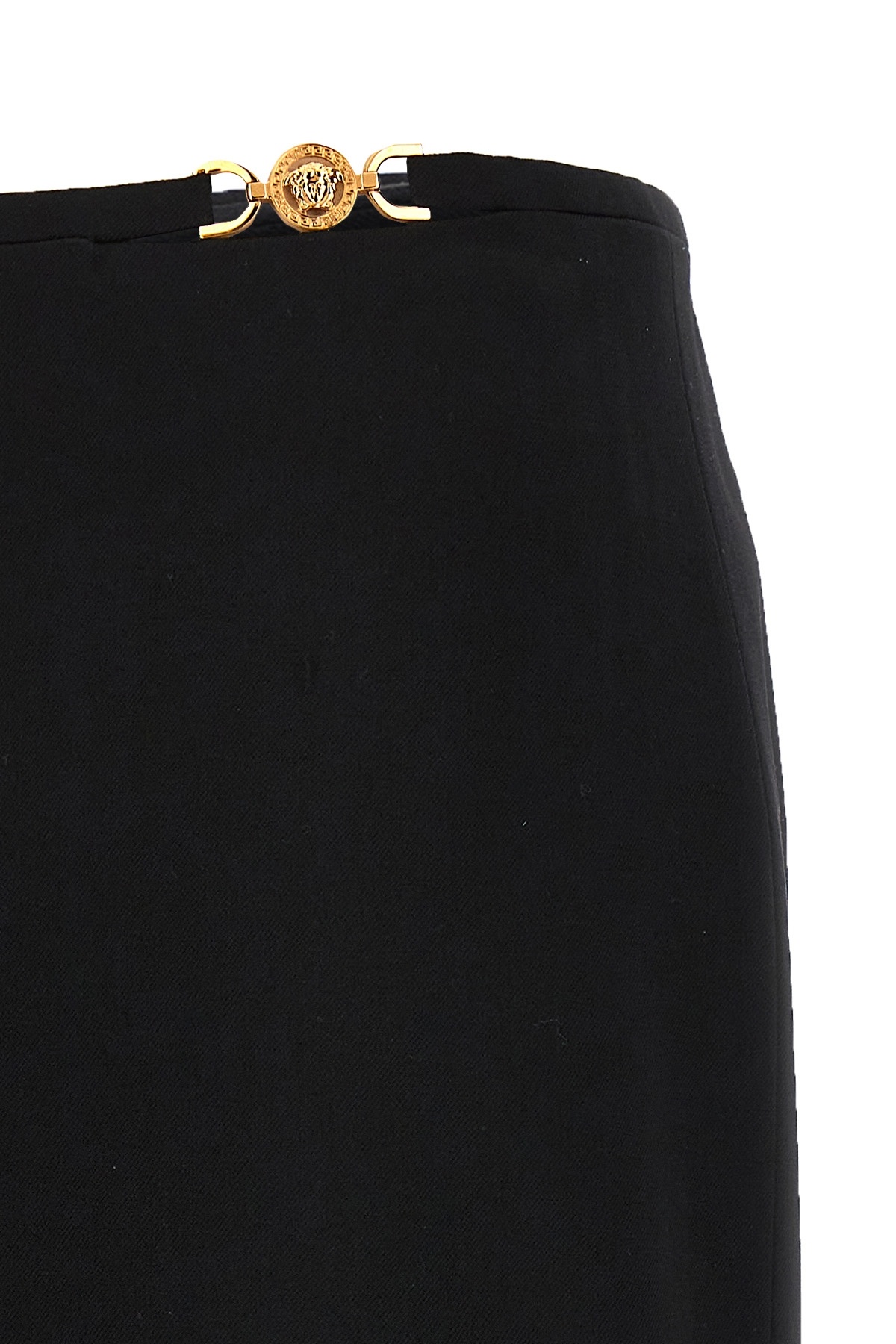 Shop Versace Medusa-plaque Stretch-wool Skirt In Black