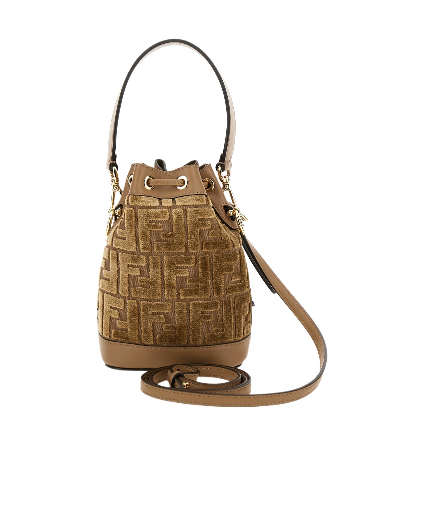 Fendi Mini Leather Bucket Bag With Monogram Pattern In Brown