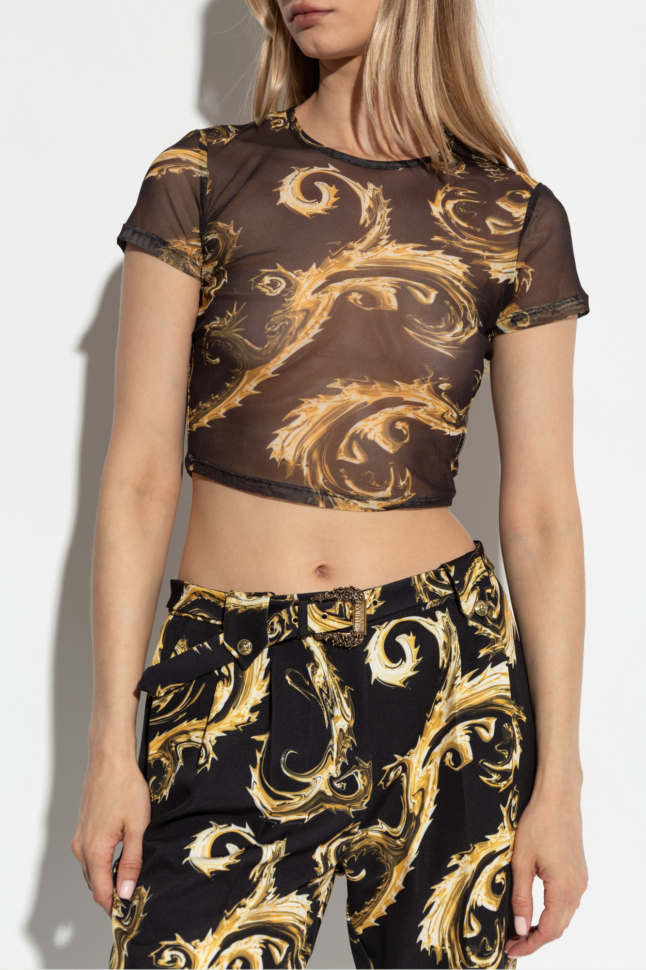 Versace Jeans Chromo Couture-print Mesh T-shirt In Black