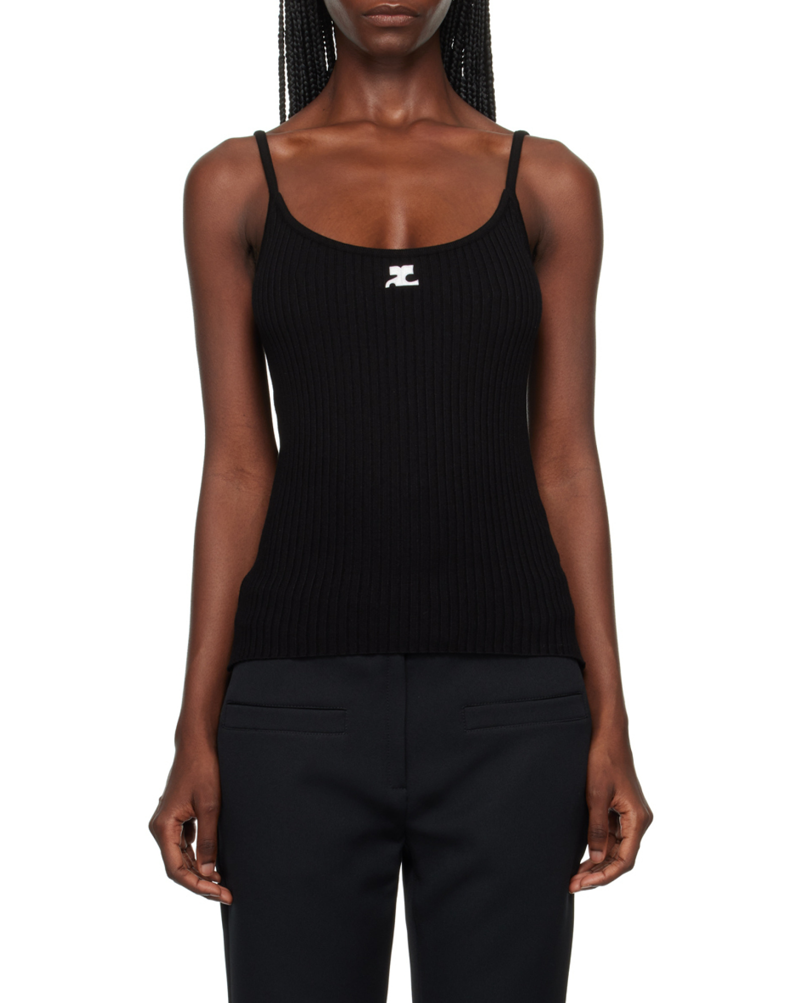 Courrèges Fitted Black Ribbed Tank Top With Subtle Logo In Black
