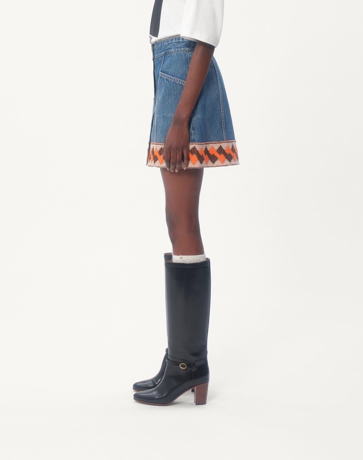 Shop Valentino Denim Skirt With Jacquard Trims In Blue