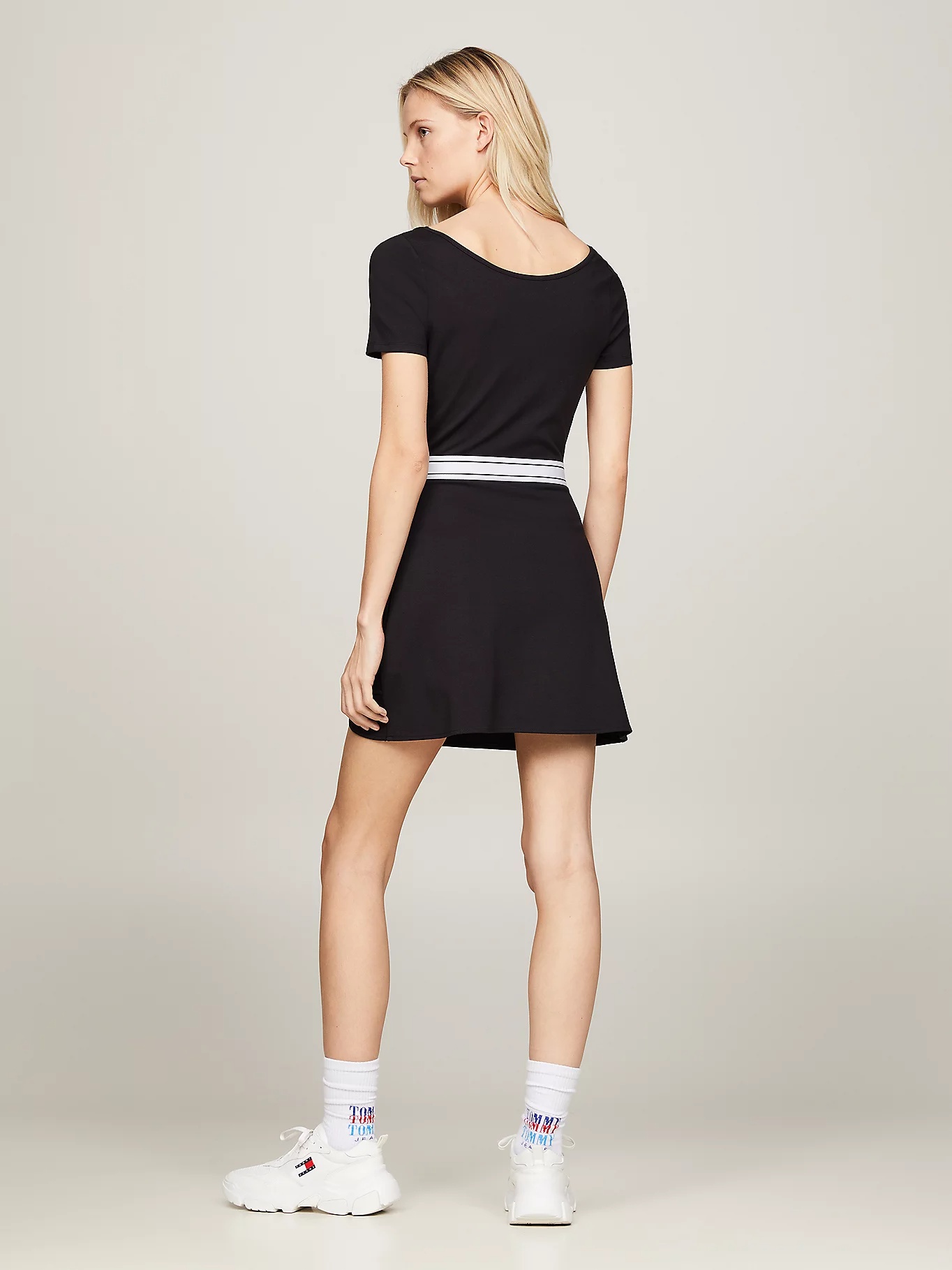 Tommy Hilfiger Short Sleeve Scoop Neck Mini Dress In Black