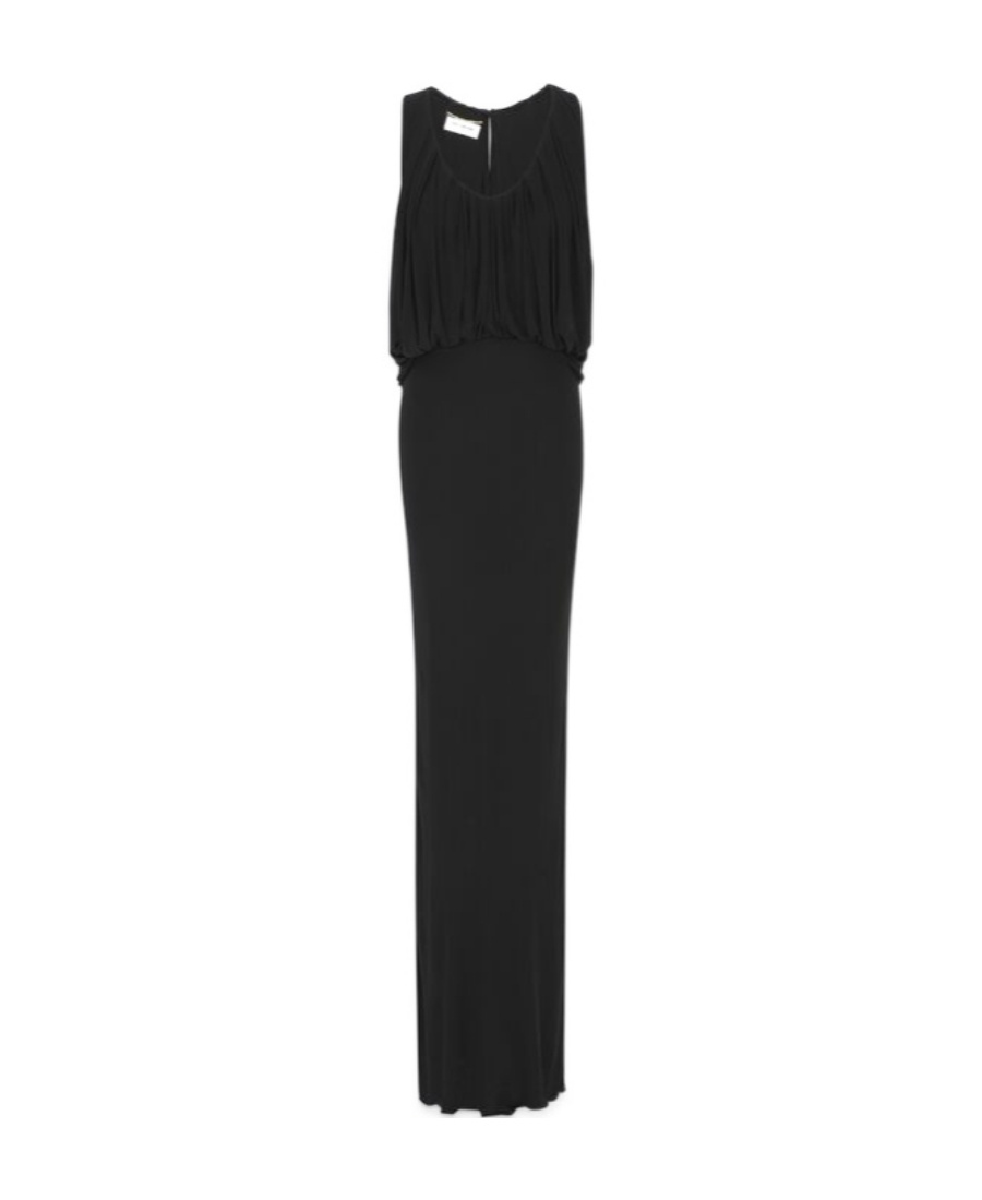 Saint Laurent Ruffle Detail Sleeveless Slim Long Dress In Black