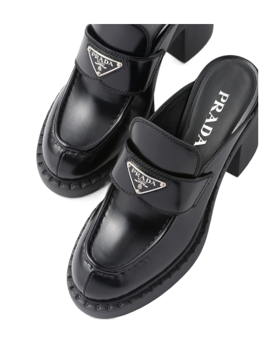 Prada Chocolate Brushed Leather Muller High-heeled Sandals In Black