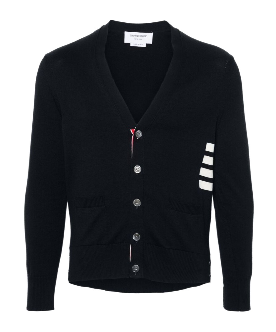 Thom Browne Cotton V-neck Cardigan With 4 Bar Stripe In Black