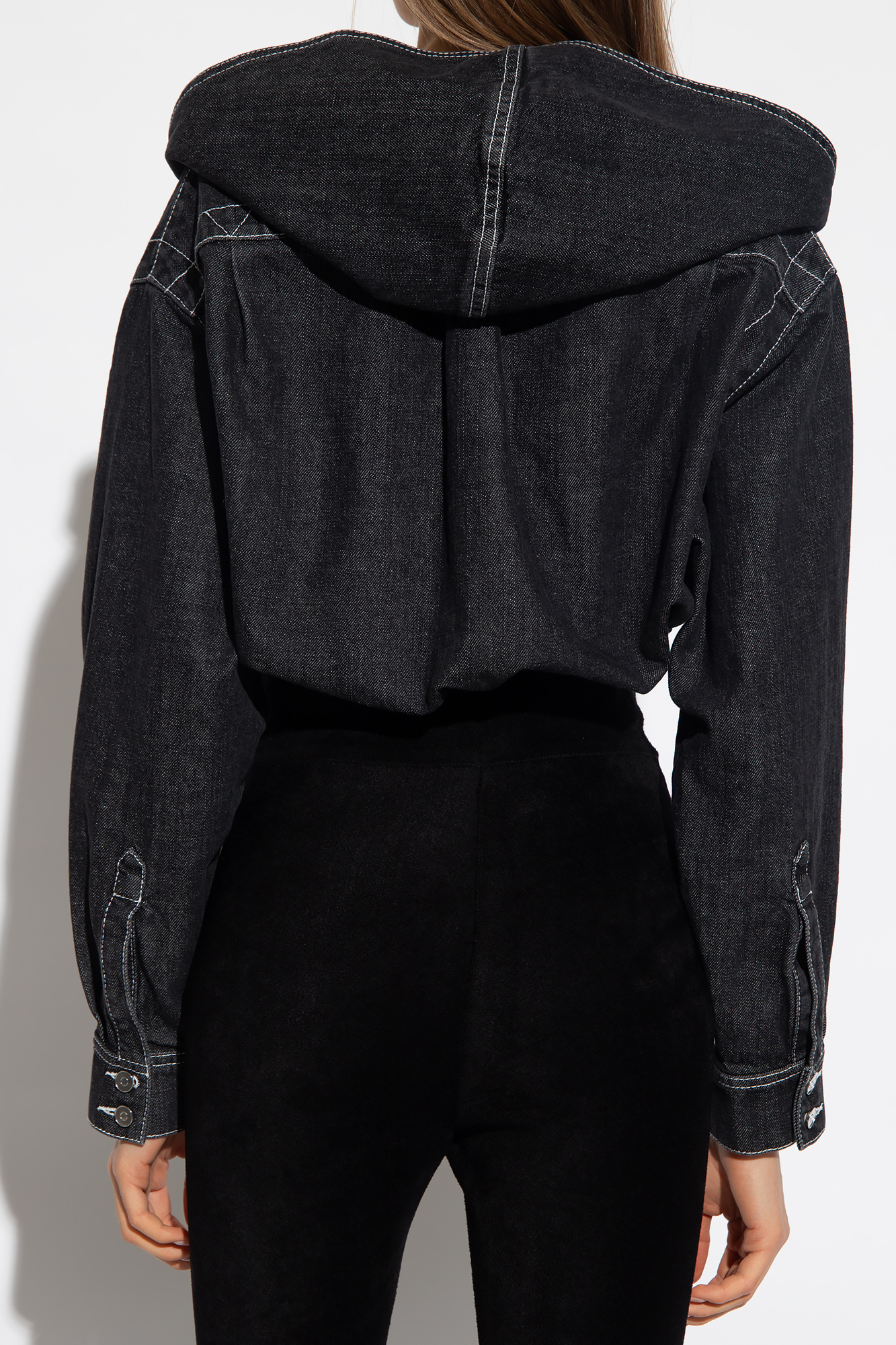 Alaïa Hooded V-neck Denim Bodysuit In Black
