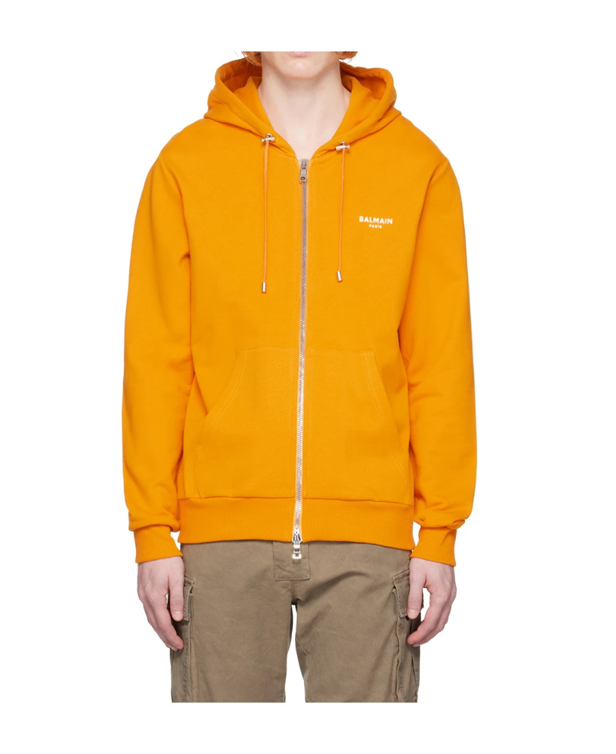 Shop Balmain Flocking Hooded Zipper Hoodie In Orange