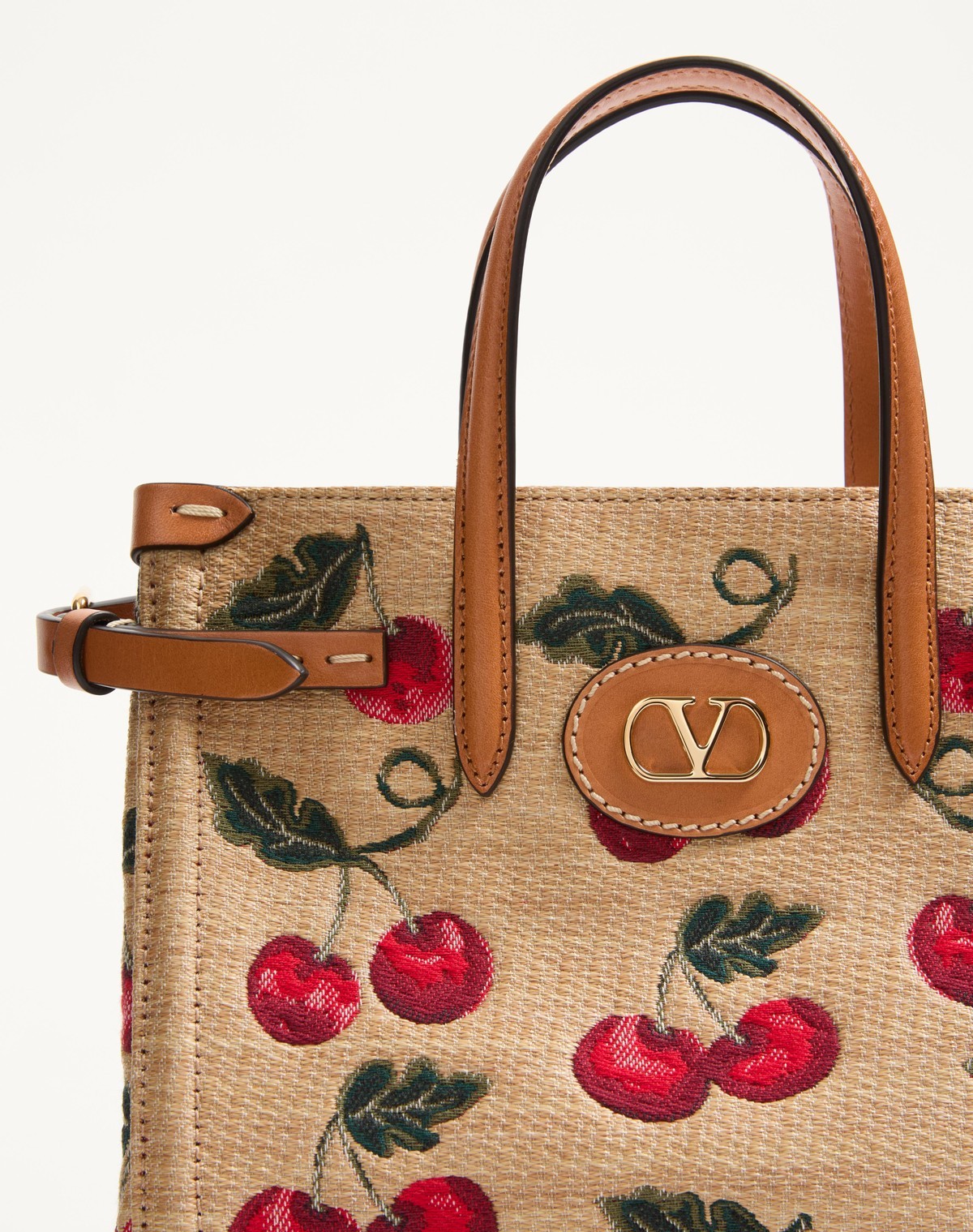 Shop Valentino Garavani Antibes Small Shopping Bag In Synthetic Jacquard Raffia With Cherryfic Pattern In Nude