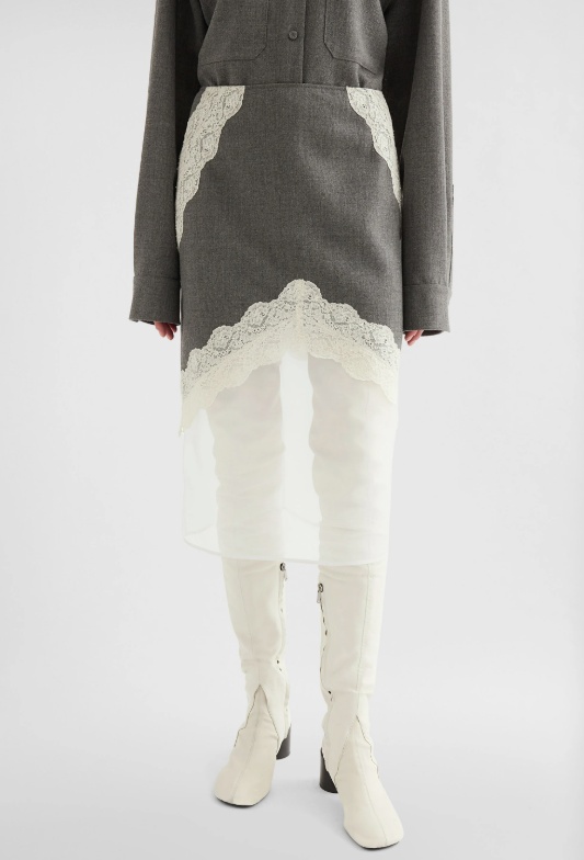 Jil Sander Asymmetric Lace Wool Skirt With Sheer Overlay In Gray