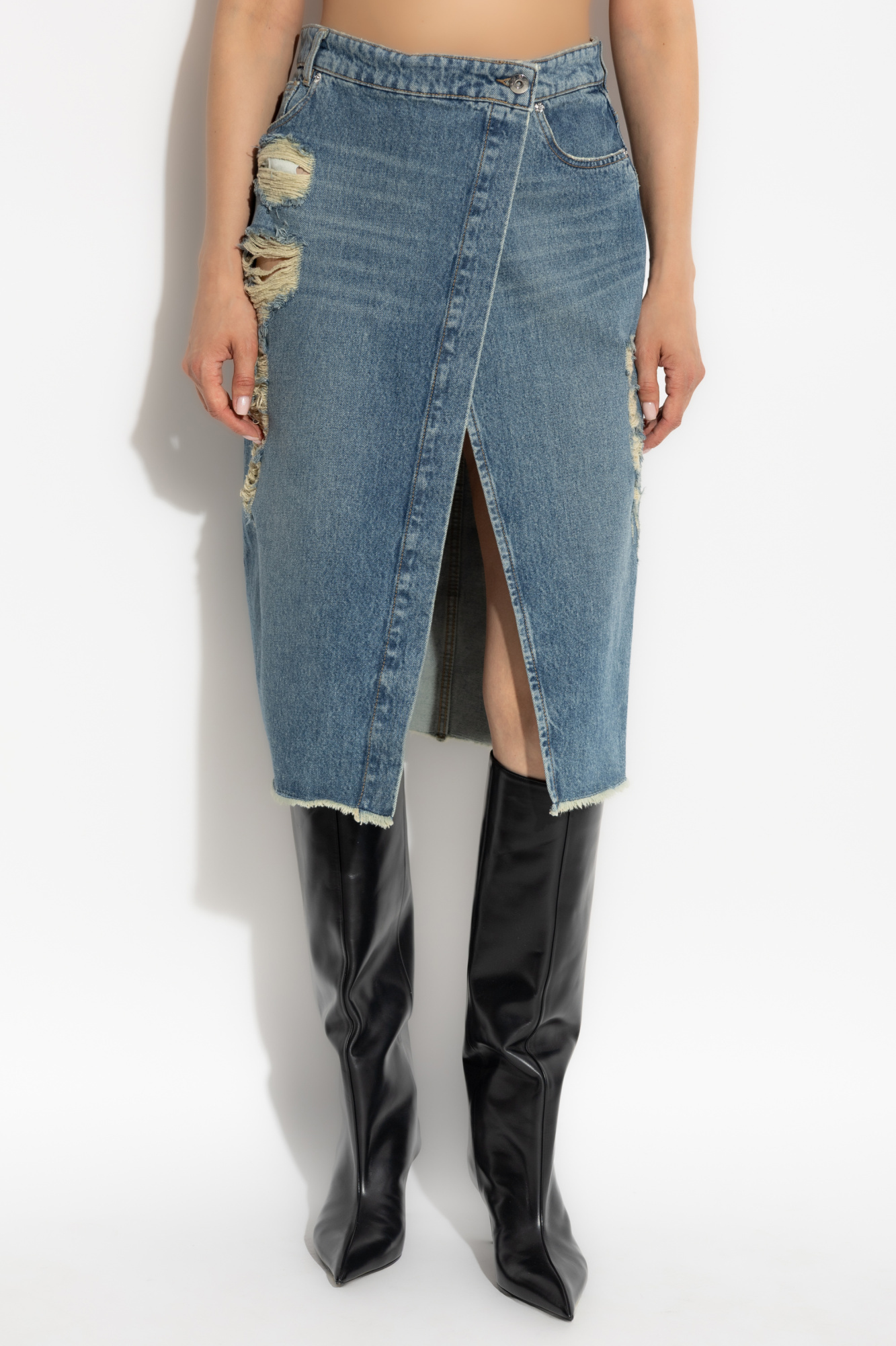 Blumarine Distressed Slit-front Denim Skirt In Blue