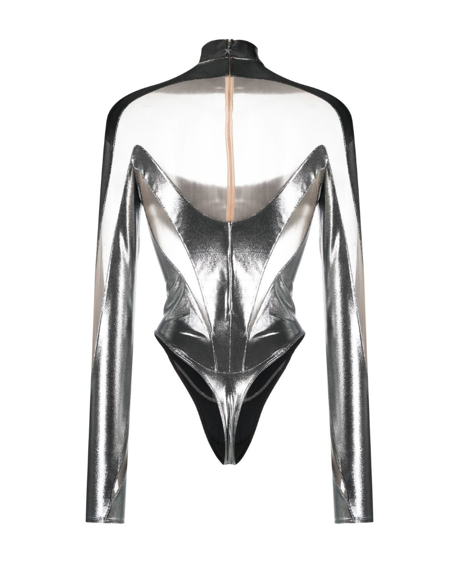 Mugler Sheer-panelled Metallic Bodysuit In White