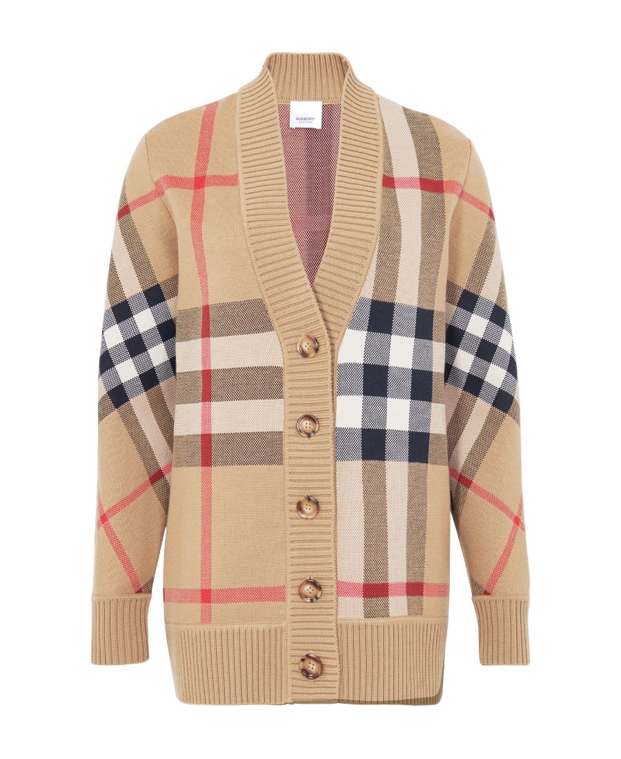 Shop Burberry Checked Cardigan In Nude