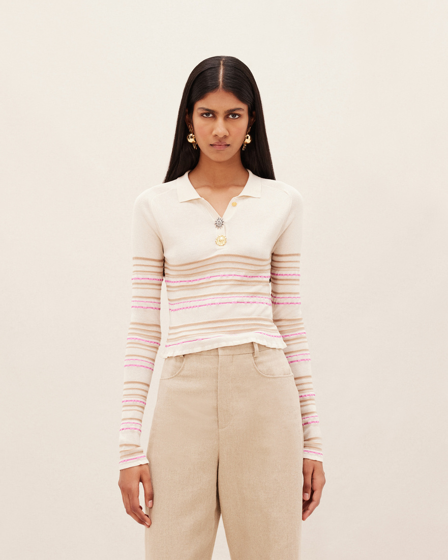 Jacquemus Long-sleeved Striped Polo Shirt In Nude
