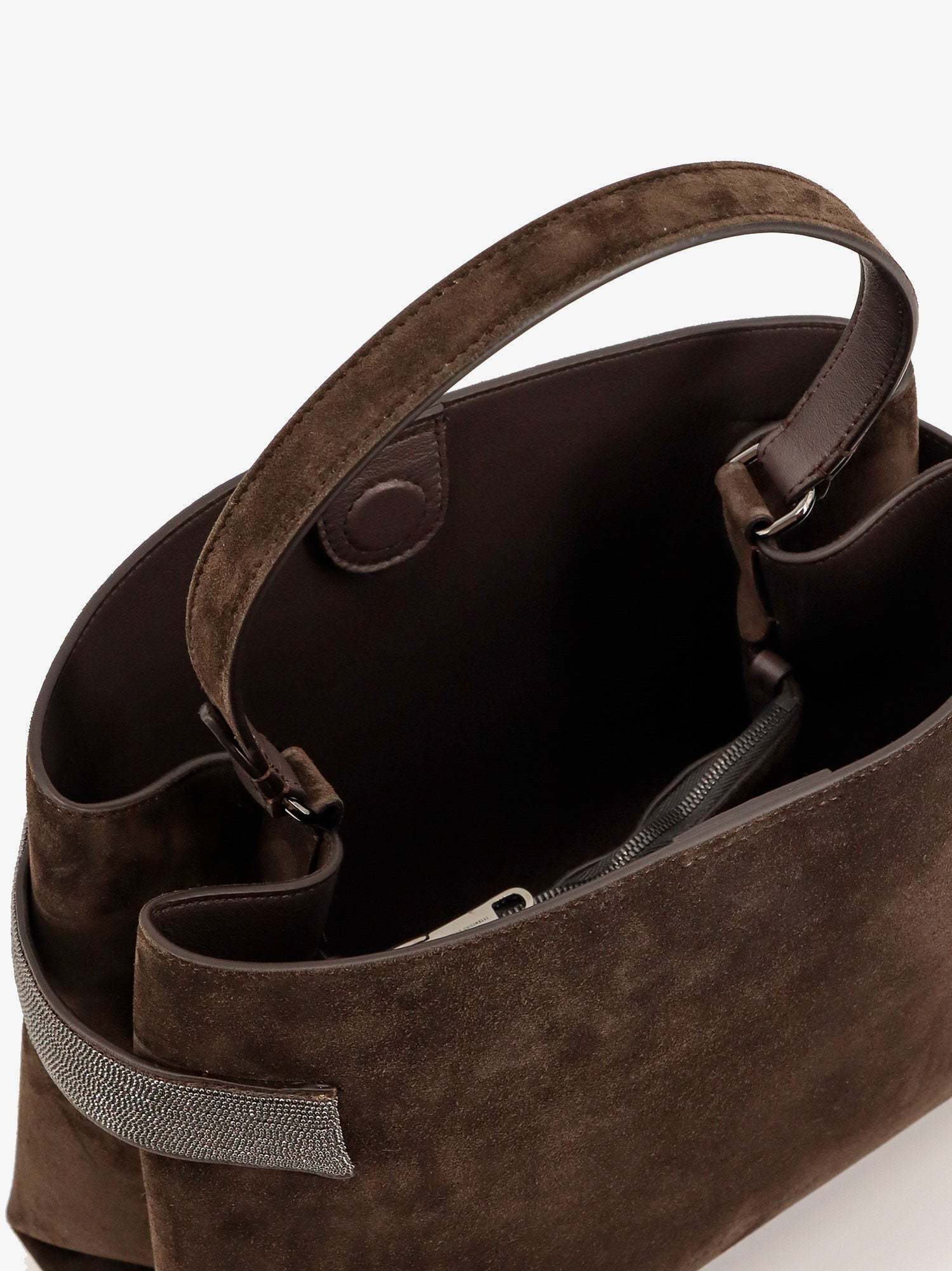 Brunello Cucinelli Essence Suede Beaded Shoulder Bag In Brown