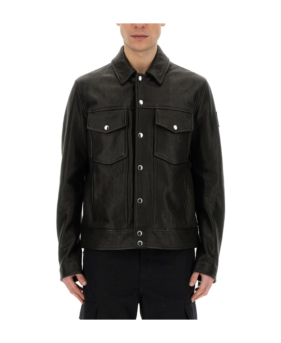 Belstaff Lapel Long-sleeved Leather Jacket In Black