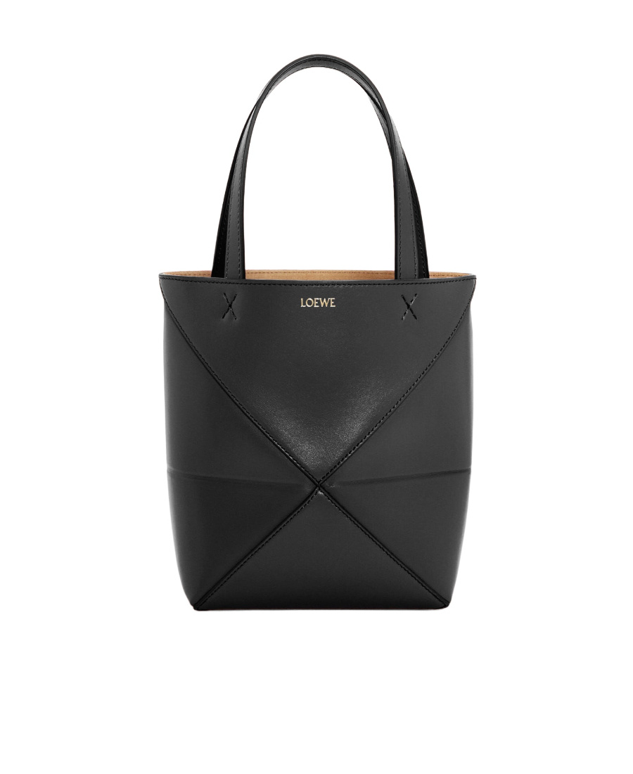 Loewe Puzzle Fold Mini Tote Bag In Shiny Leather In Black
