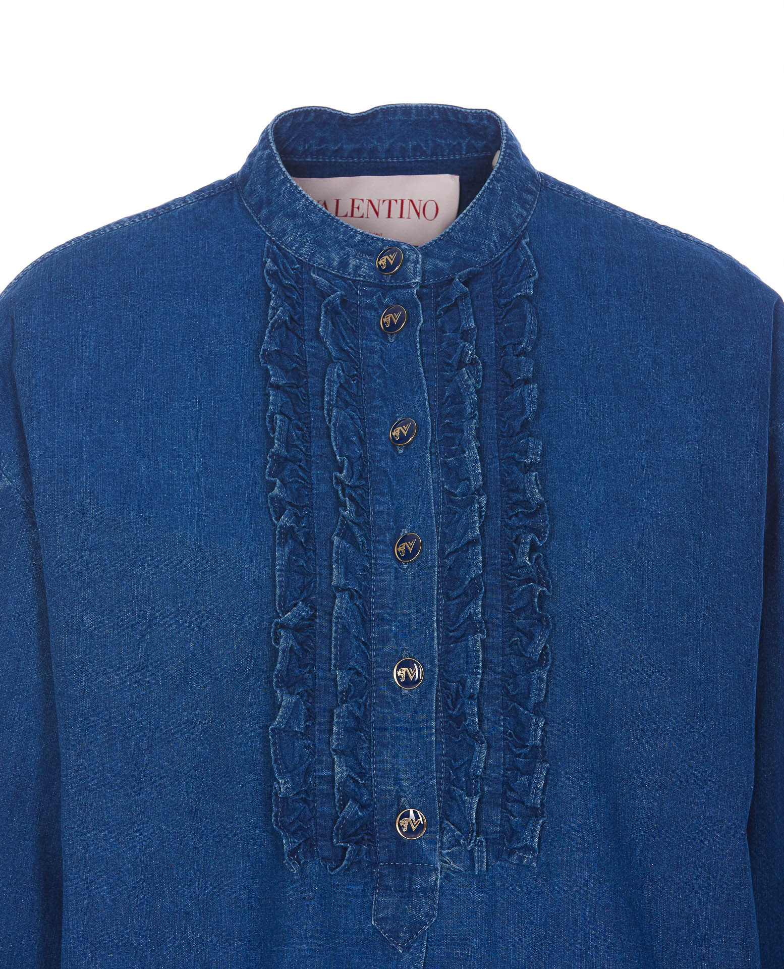 Valentino Classic Blue Denim Shirt With Ruffled Placket In Blue