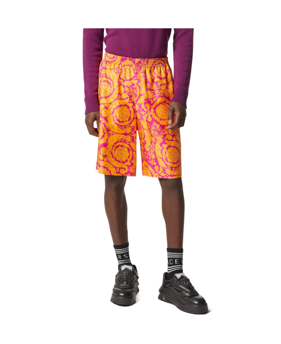 Versace Barocco Silhouette-print Silk Shorts In Yellow