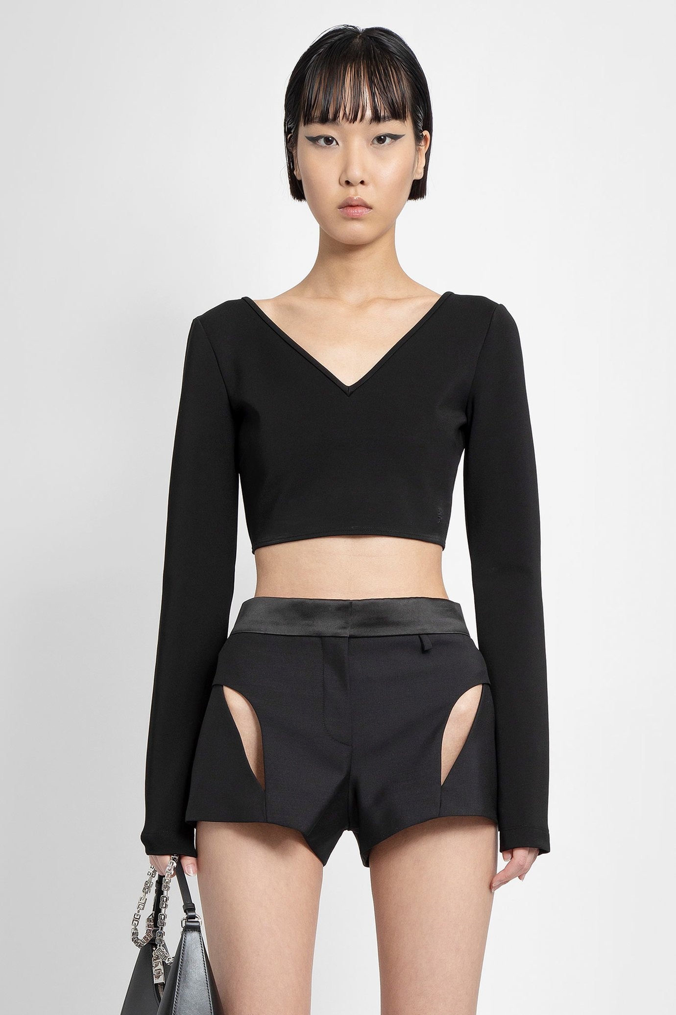 Givenchy Long Sleeves Cropped V Neck Top In Black