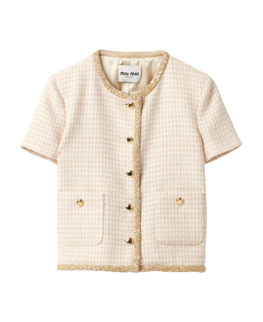 Miu Miu Check-pattern Tweed Jacket In Nude