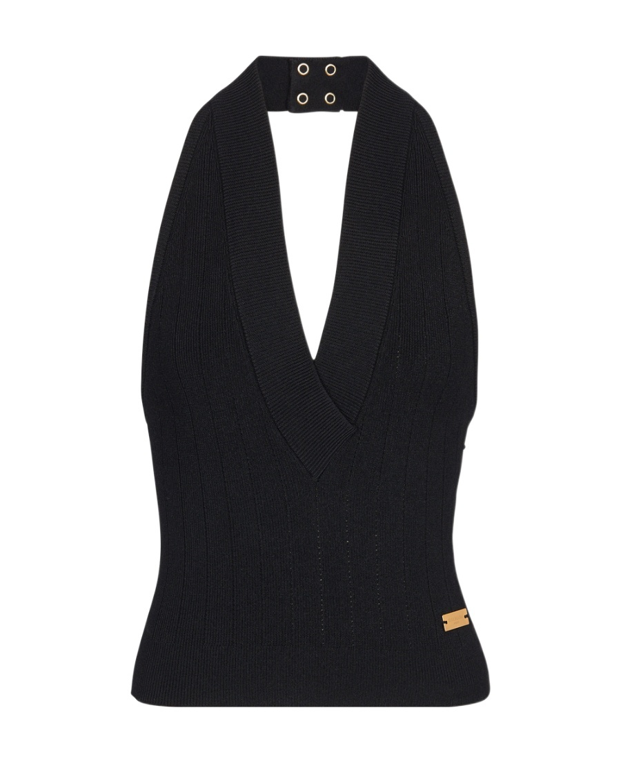 Balmain Ribbed Cable-knit Halterneck Top In Black