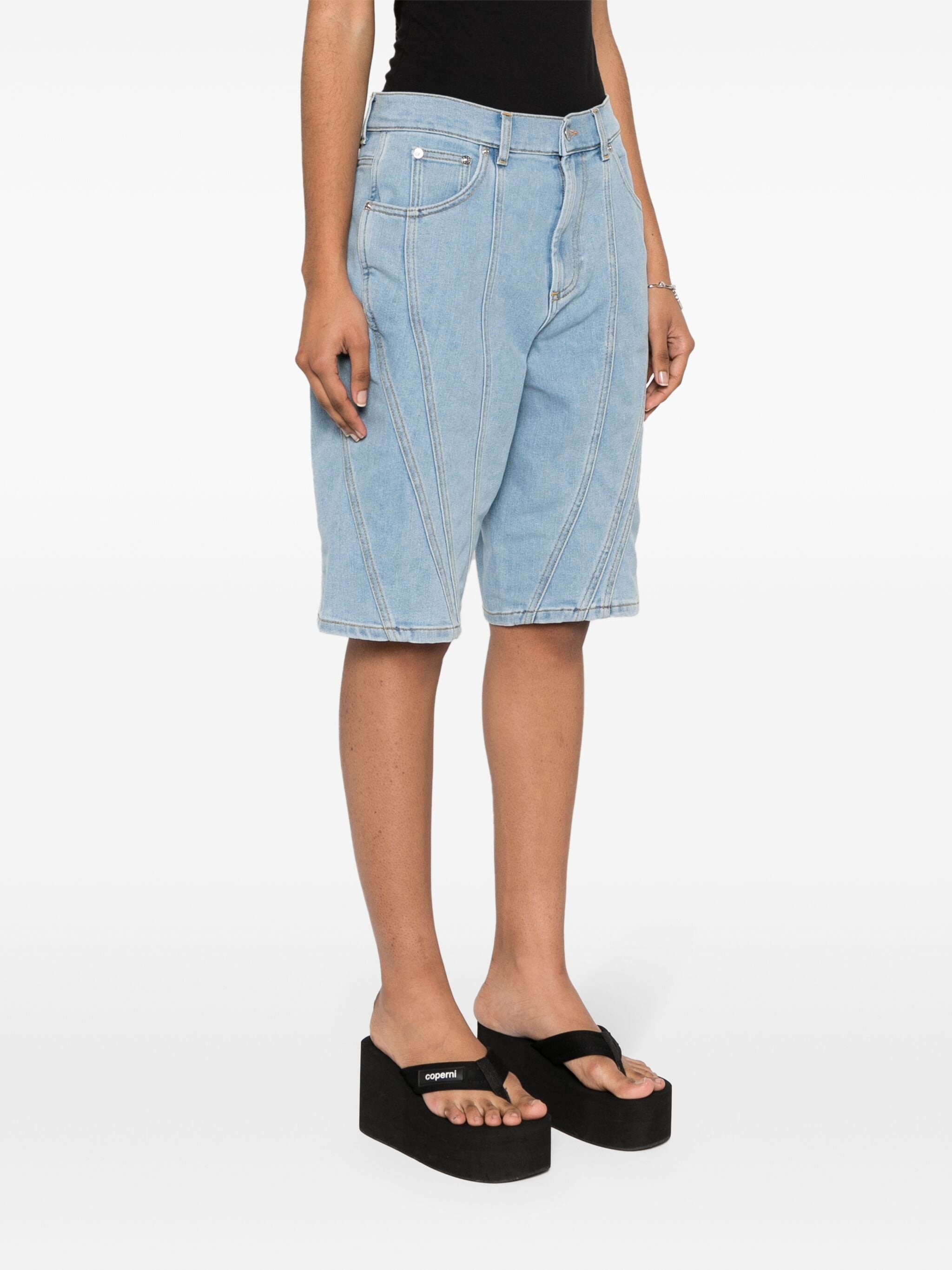 Mugler Spiral Wide-leg Denim Shorts In Black