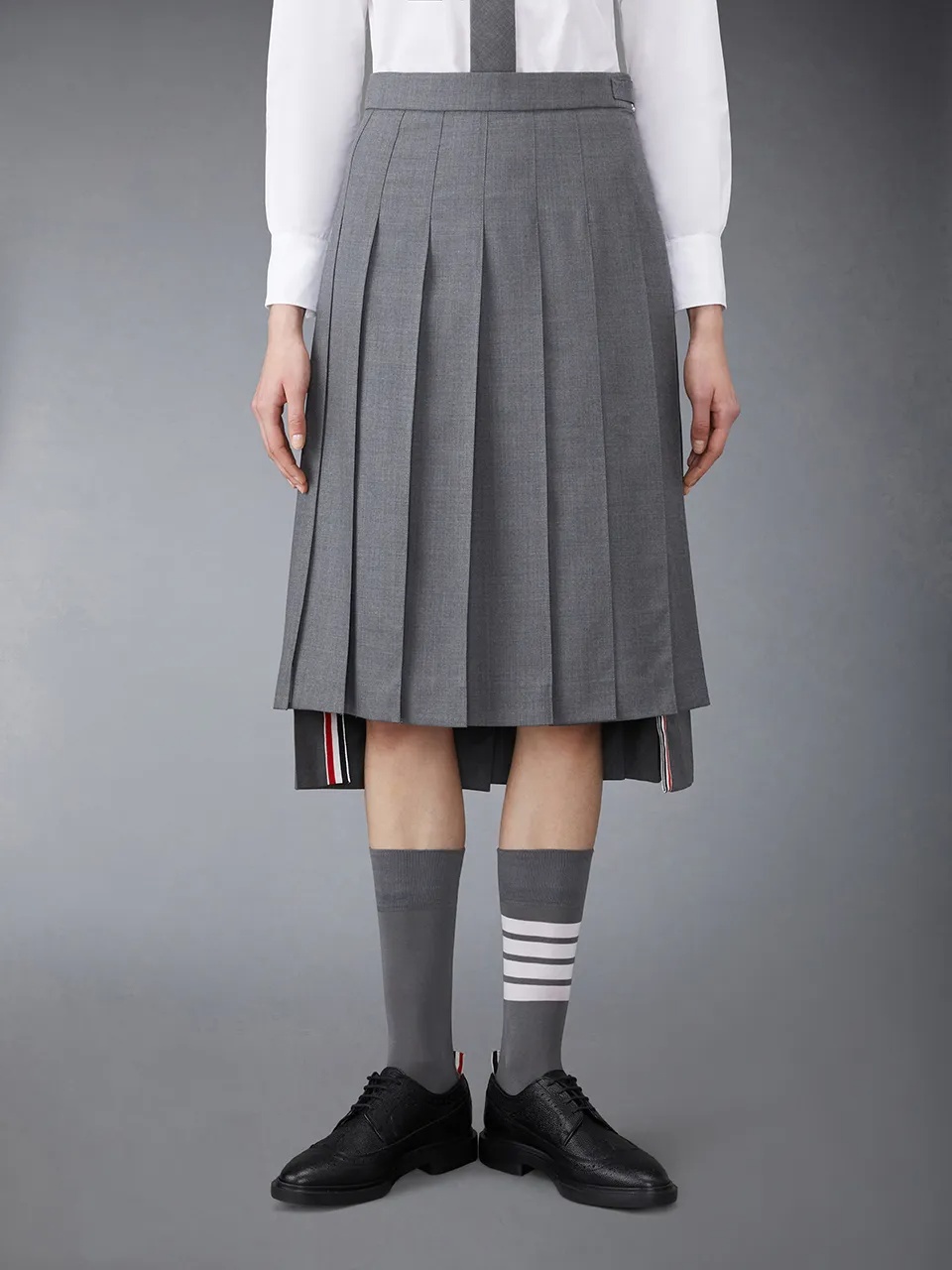 Thom Browne Medium Grey School Uniform Plain Weave Below-the-knee Pleated Skirt In Gray