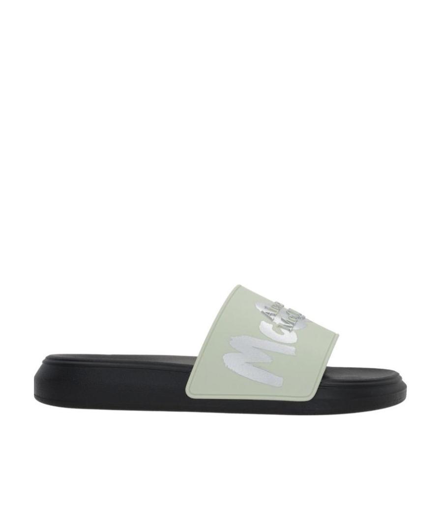 Alexander Mcqueen Embossed-logo Open Toe Slides In Green
