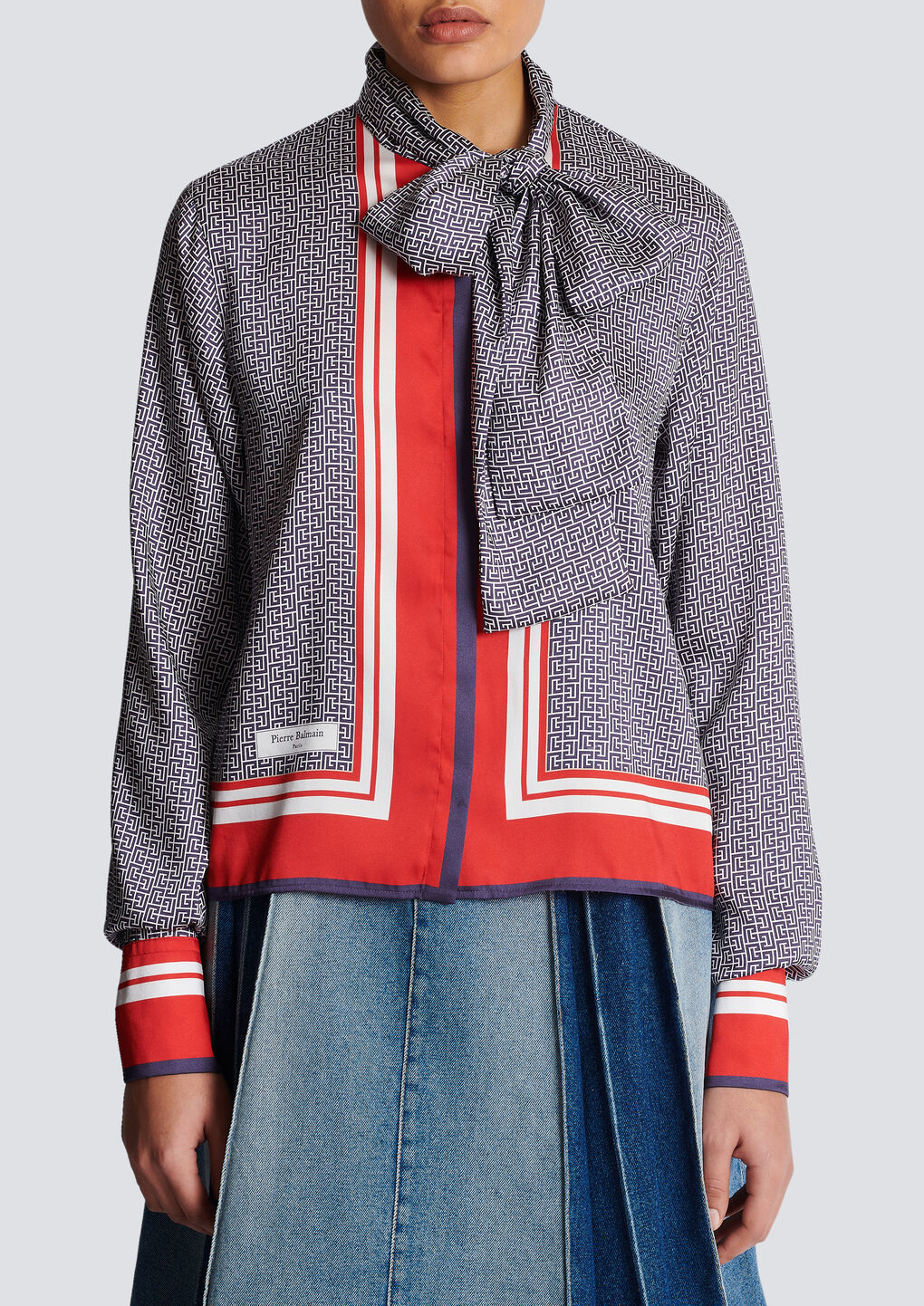 Balmain Pussy-bow Monogram-printed Shirt In Gray