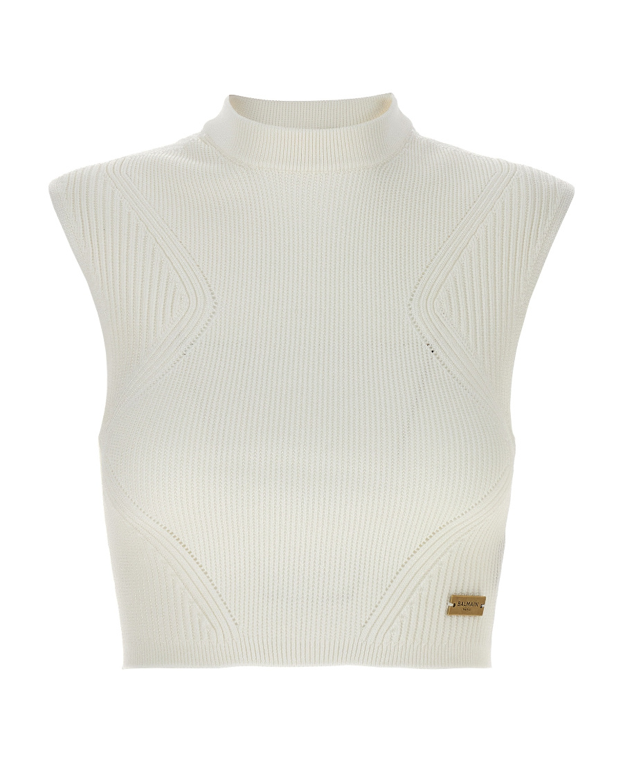 Balmain Logo-plaque Knitted Crop Top In White