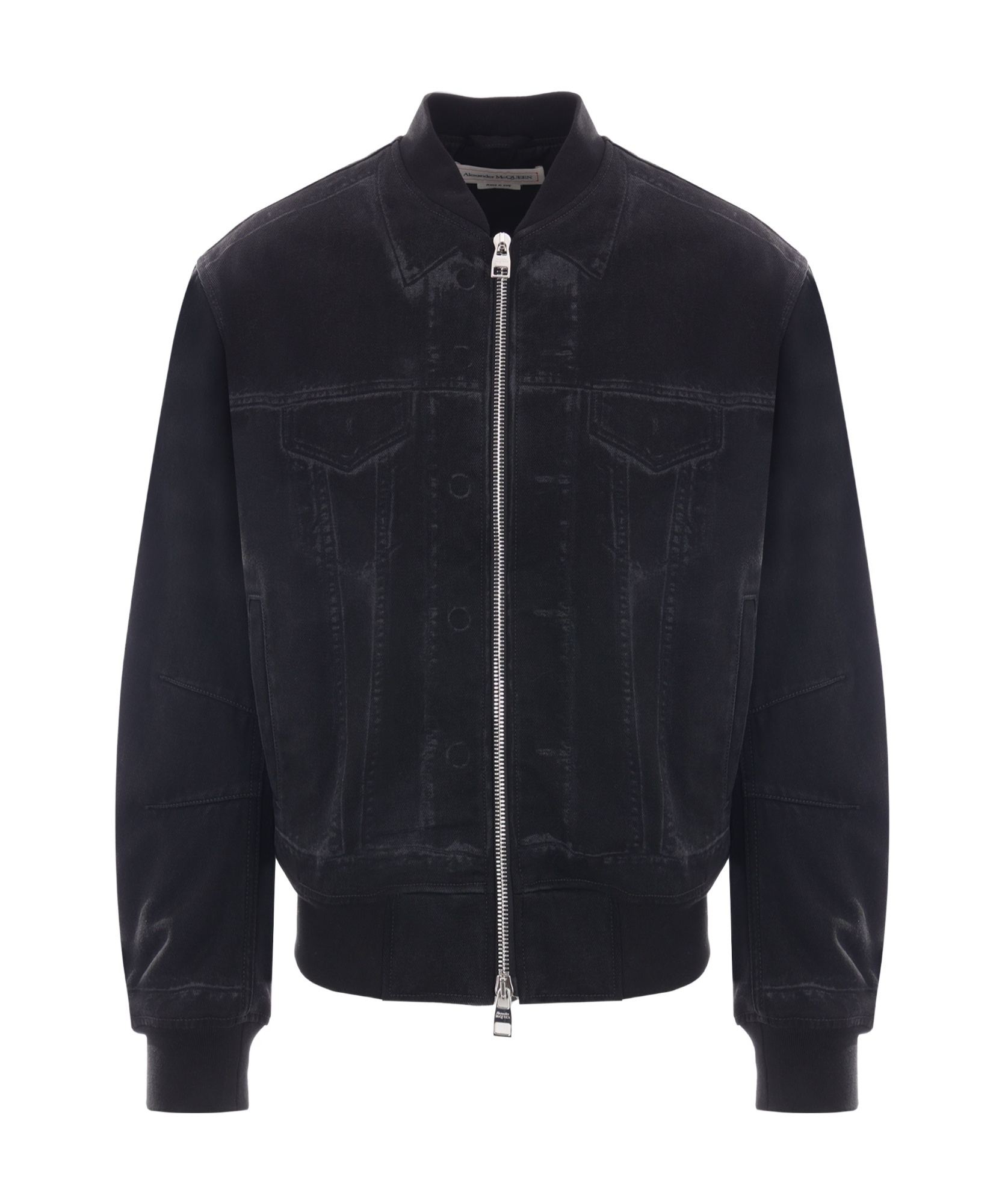 Alexander Mcqueen Black Bomber Jacket With Ghostwash Print In Cotton Denim Man In Black