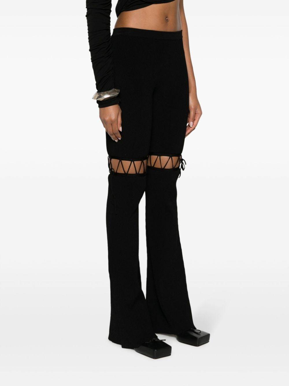 Nensi Dojaka Ribbed Waistband Flared Pant With Cut-out Lacing In Black