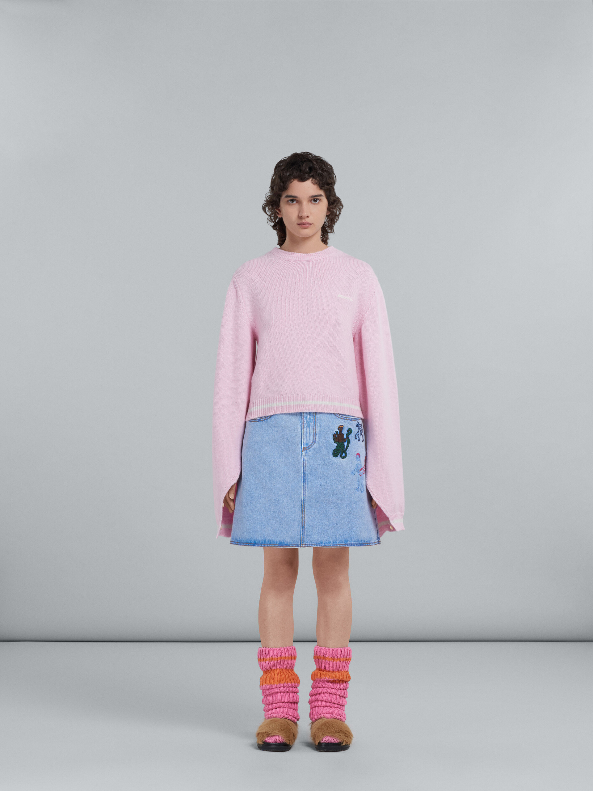 Marni Embroidered High-rise Denim Miniskirt In Blue