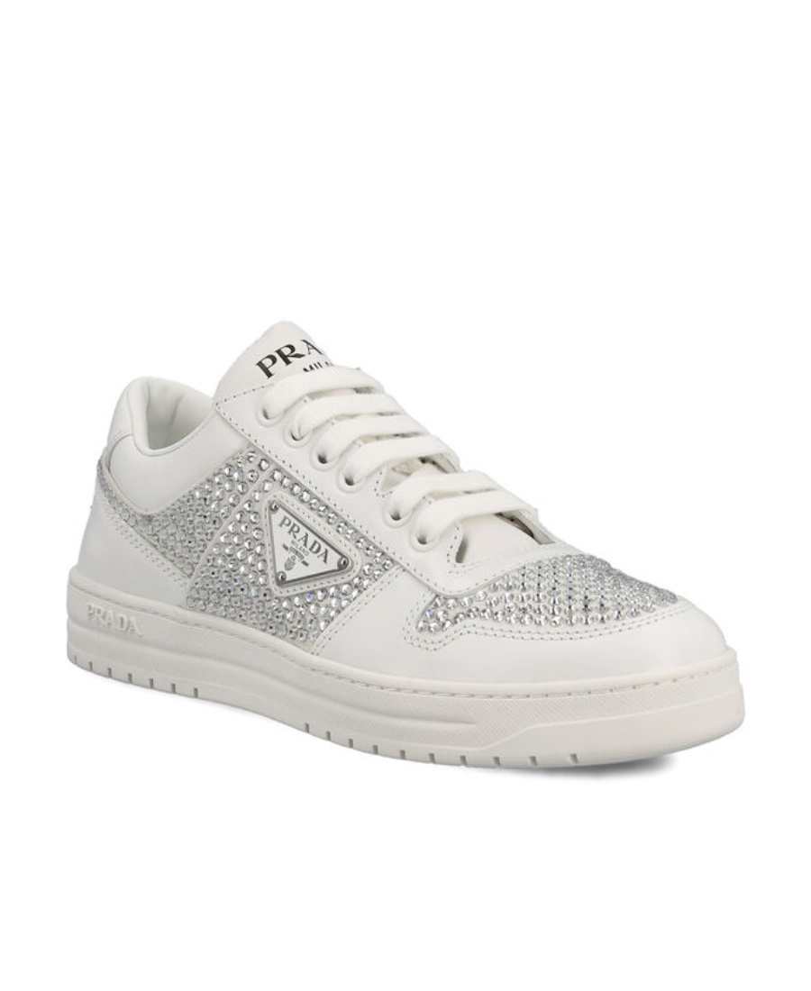 Prada Downtown Crystal-embellished Leather Sneakers In White
